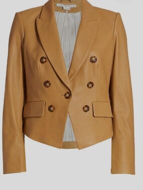 Veronica Beard Cropped Double-Breasted Tan Leather(like) Blazer